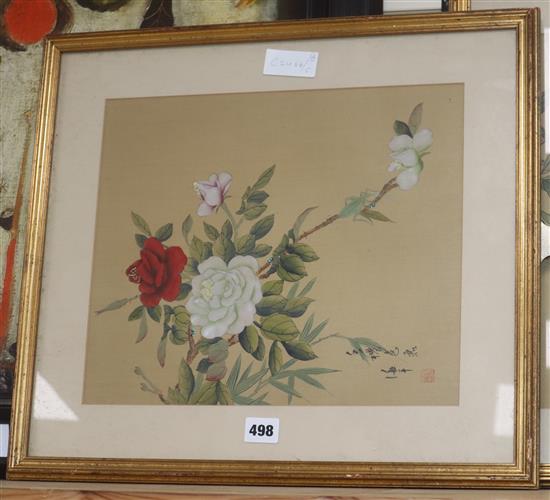 Chinese School, two gouache on silk, Flower studies, 35 x 30cm and two other prints